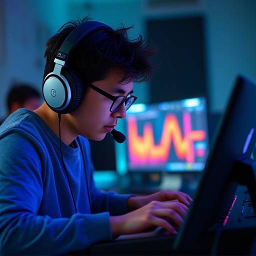 ゲームサウンドクリエイターコースのイメージ。ヘッドホンをしてシンセサイザーを操作する生徒の姿。